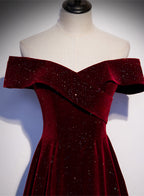 Off Shoulder Wine Red Velvet Long Prom Dress, A-Line Wine Red Prom Dresses
