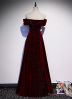 Off Shoulder Wine Red Velvet Long Prom Dress, A Line Wine Red Prom Dresses