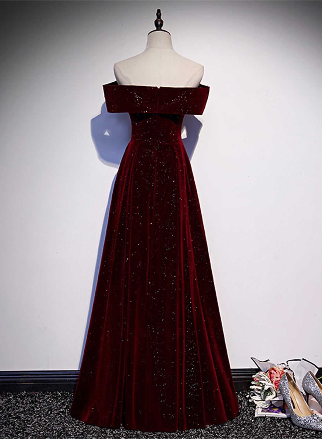 Off Shoulder Wine Red Velvet Long Prom Dress, A-Line Wine Red Prom Dresses