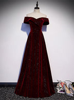 Off Shoulder Wine Red Velvet Long Prom Dress, A-Line Wine Red Prom Dresses