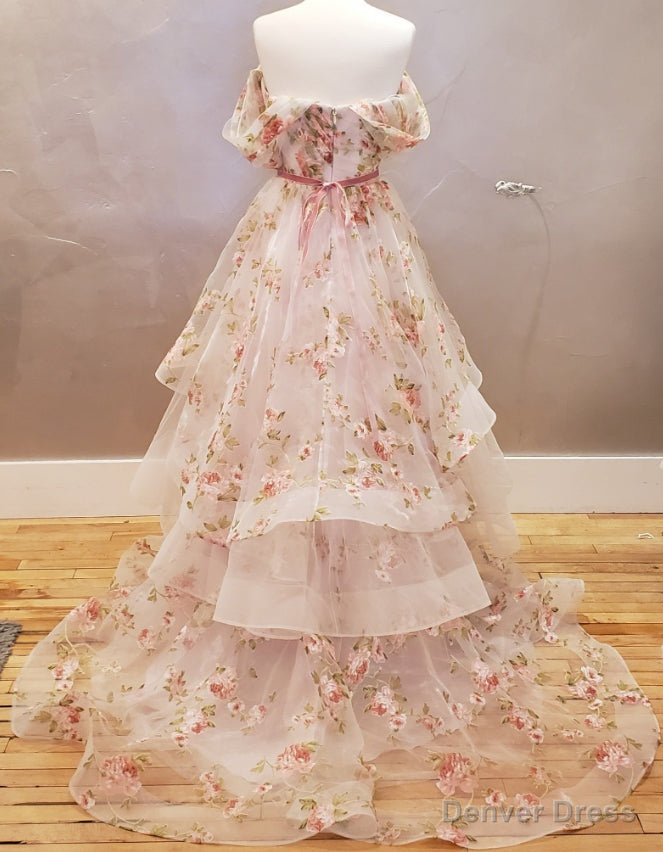 Off the Shoulder A-line Floral Wedding Dress with Ruffle Skirt