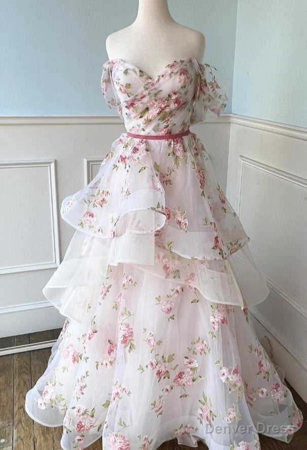 Off the Shoulder A Line Floral Wedding Dresses with Ruffle Skirt Main image