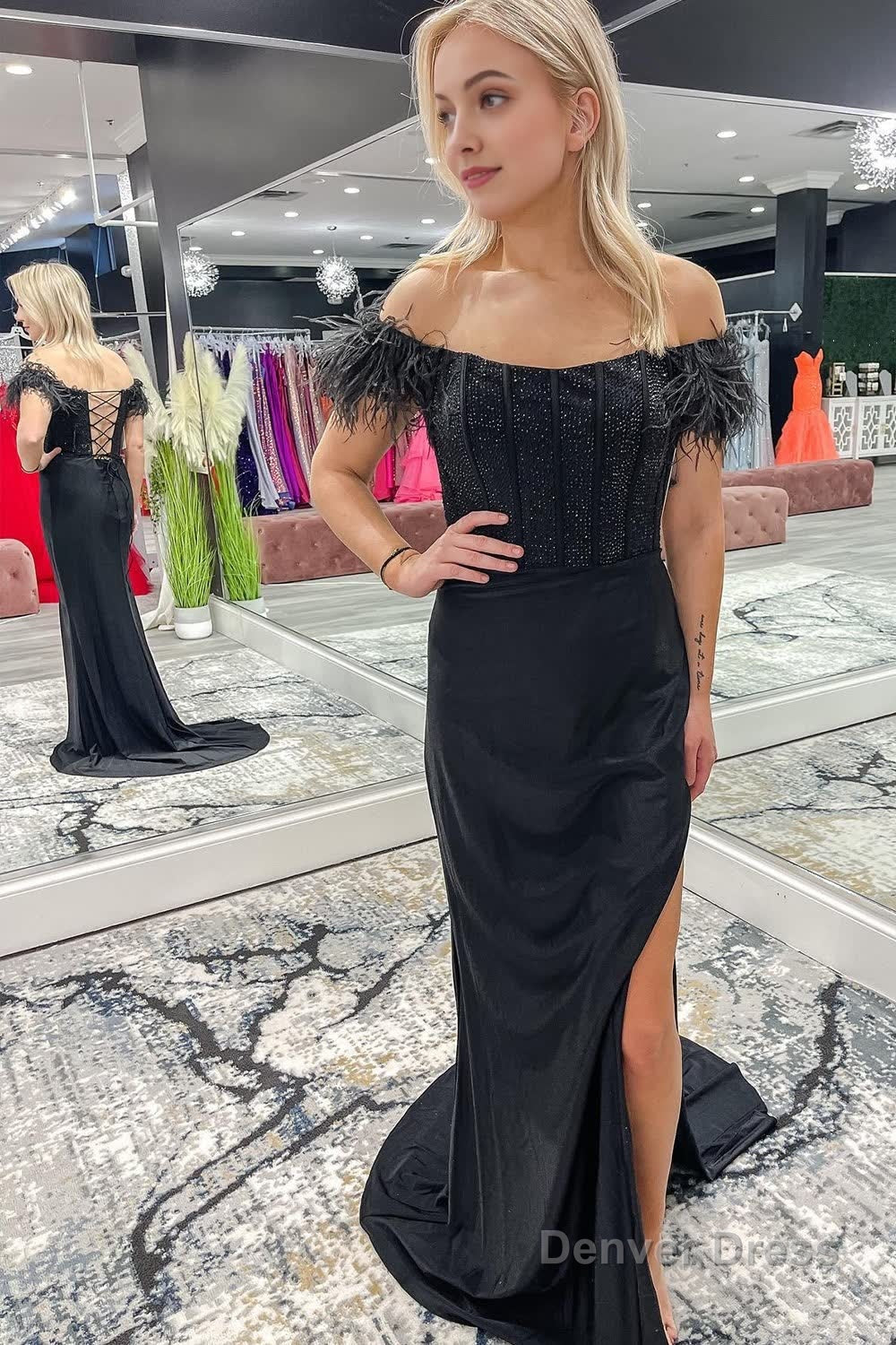 Off The Shoulder Black Mermaid Long Prom Dress with Beading Main image