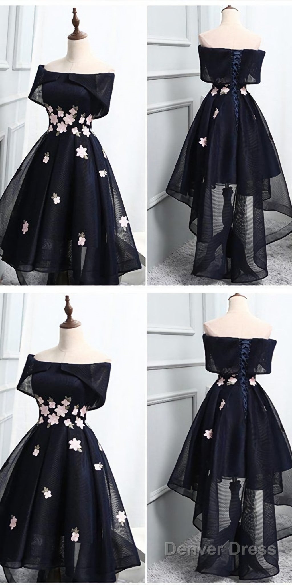 Off The Shoulder Black Organza Homecoming Dresses, With Handmade Flower Short Homecoming Dresses Secondary image