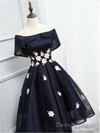 Off The Shoulder Black Organza Homecoming Dresses, With Handmade Flower Short Homecoming Dresses
