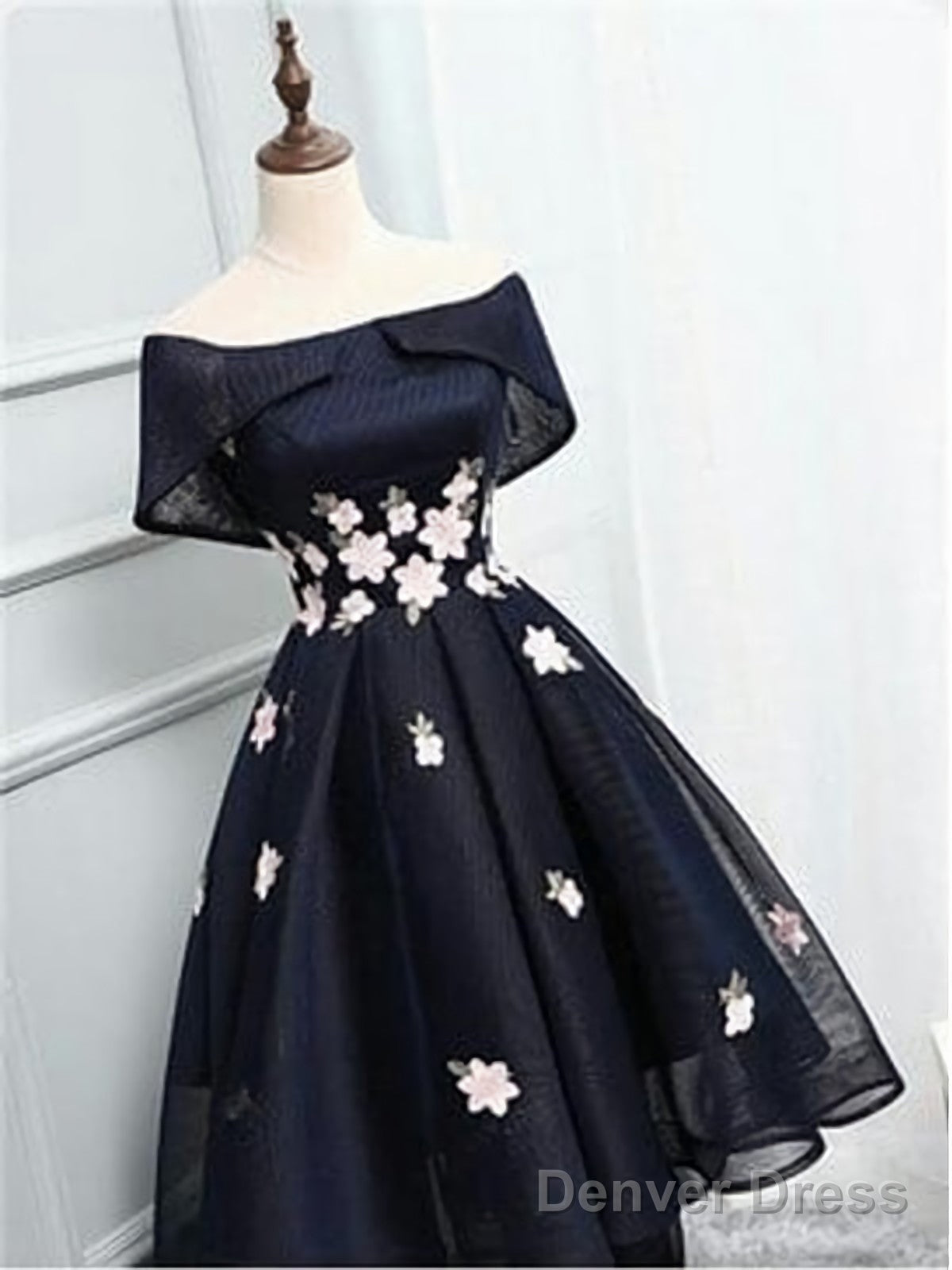 Off The Shoulder Black Organza Homecoming Dresses, With Handmade Flower Short Homecoming Dresses