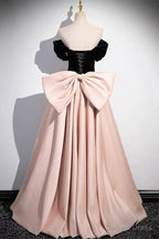 Off the Shoulder Black Pink Satin Long Prom Dress, Pink Black Long Prom Dresses