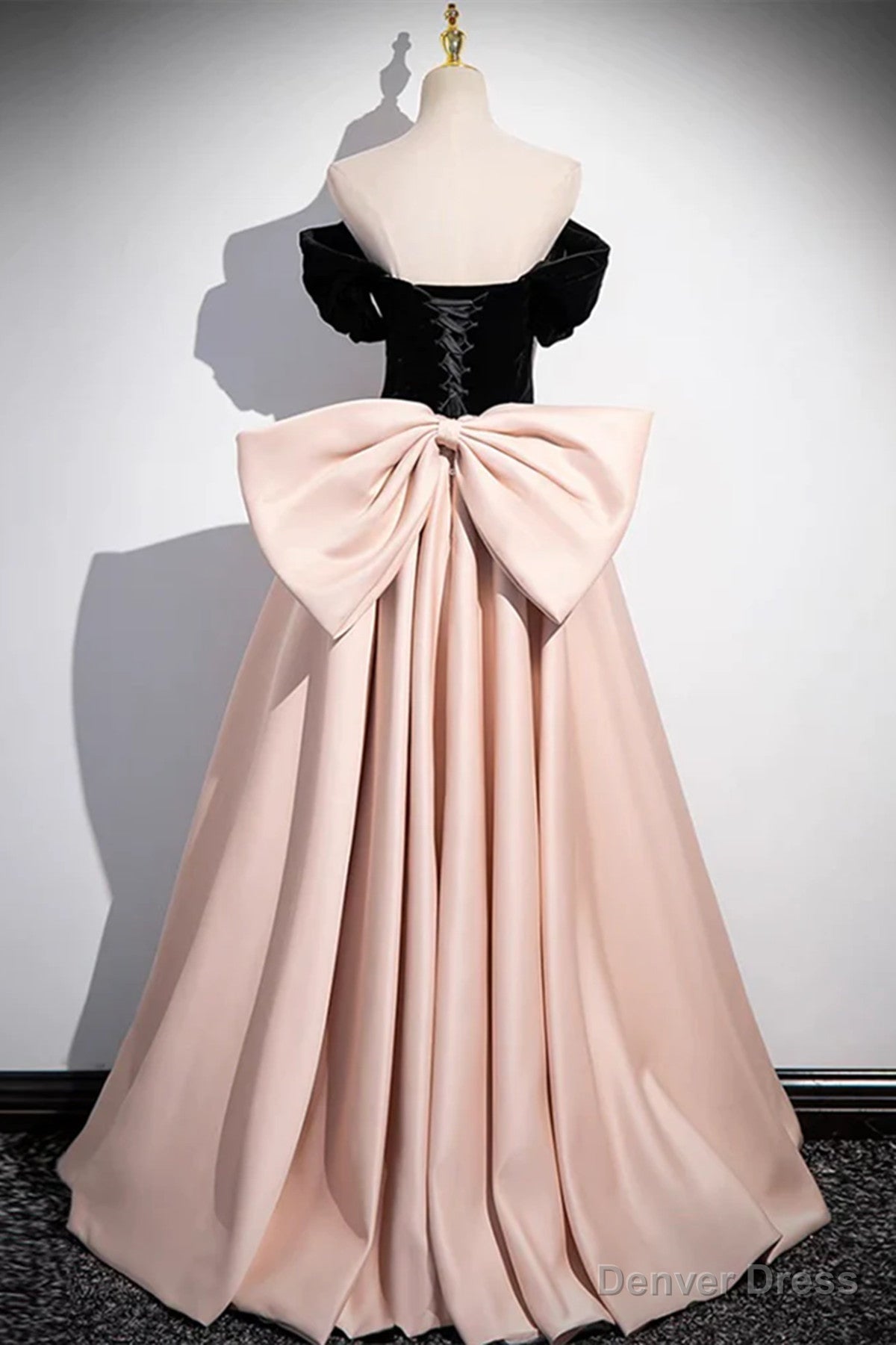 Off the Shoulder Black Pink Satin Long Prom Dress, Pink Black Long Prom Dresses
