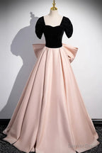 Off the Shoulder Black Pink Satin Long Prom Dresses, Pink Black Long Formal Evening Dresses
