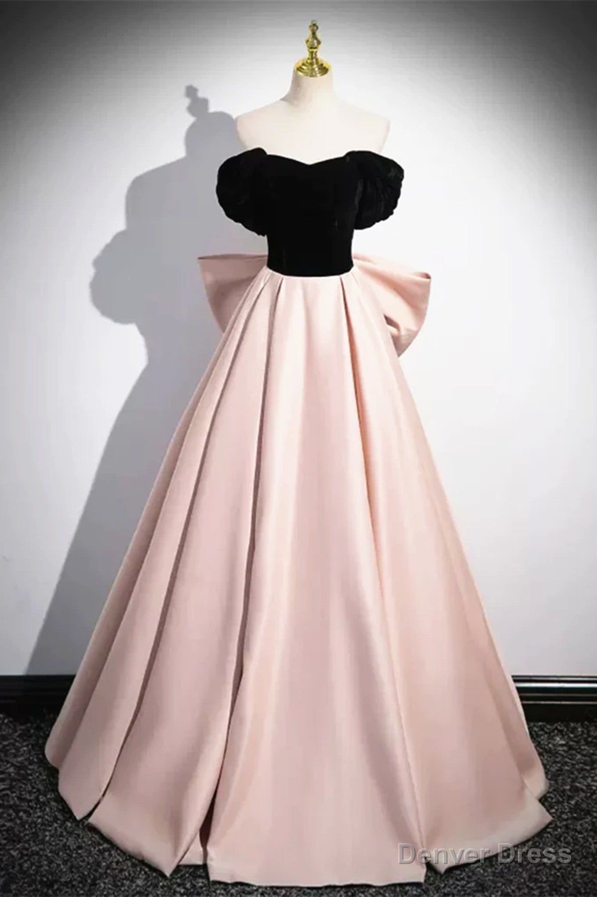 Off the Shoulder Black Pink Satin Long Prom Dresses, Pink Black Long Formal Evening Dresses Main image