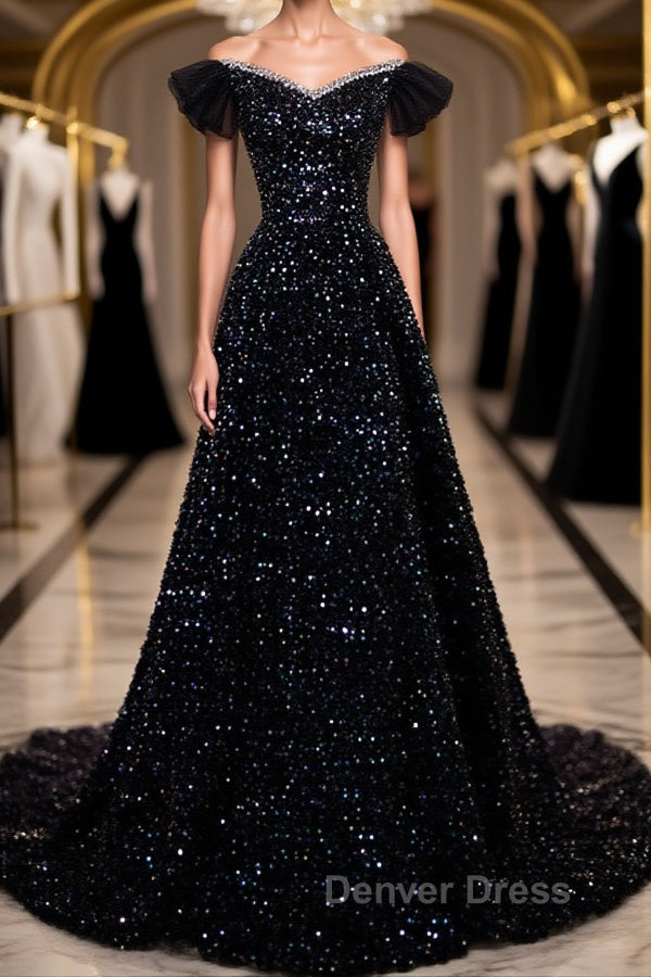 Off the Shoulder Black Sequin Prom Dress, Black Long Prom Dresses Main image