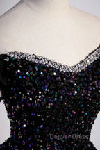 Off the Shoulder Black Sequin Prom Dress, Black Long Prom Dresses
