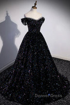 Off the Shoulder Black Sequin Prom Dress, Black Long Prom Dresses