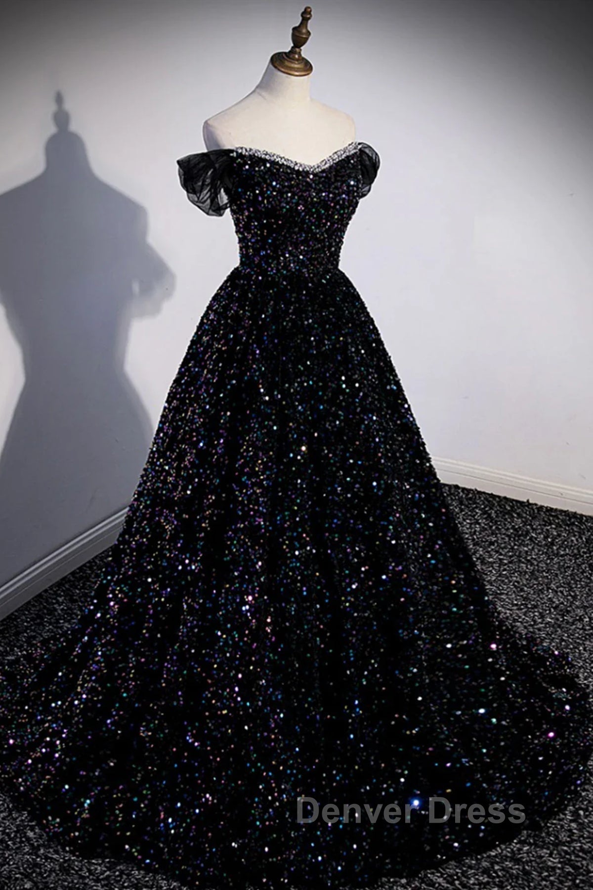 Off the Shoulder Black Sequin Prom Dress, Black Long Prom Dresses