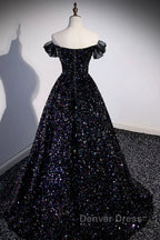 Off the Shoulder Black Sequin Prom Dress, Black Long Prom Dresses