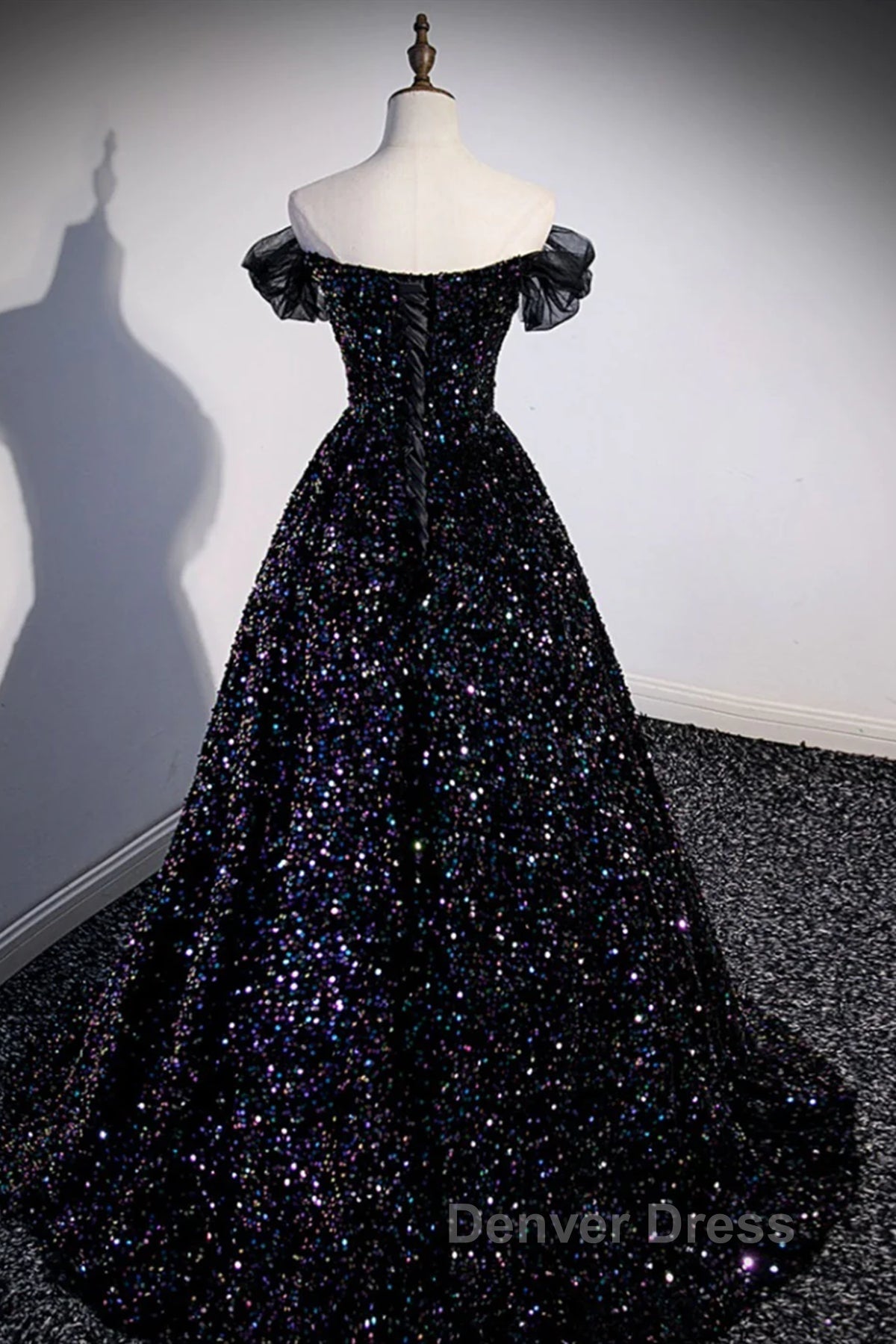 Off the Shoulder Black Sequin Prom Dress, Black Long Prom Dresses