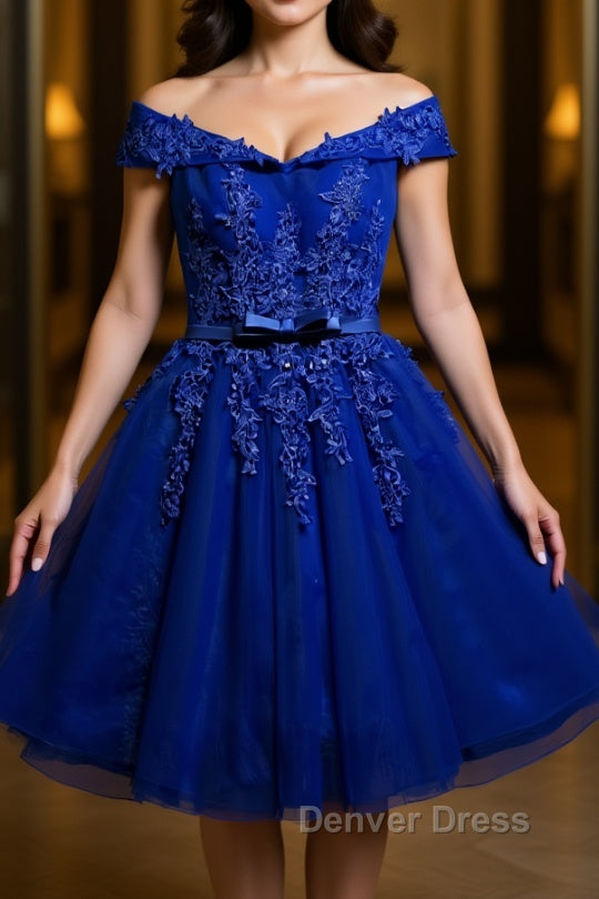 Off the Shoulder Blue Lace Prom Dresses, Off Shoulder Blue Homecoming Dresses, Short Blue Lace Formal Evening Dresses Main image