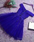 Off the Shoulder Blue Lace Prom Dress, Off Shoulder Blue Homecoming Dress, Short Blue Lace Prom Dresses