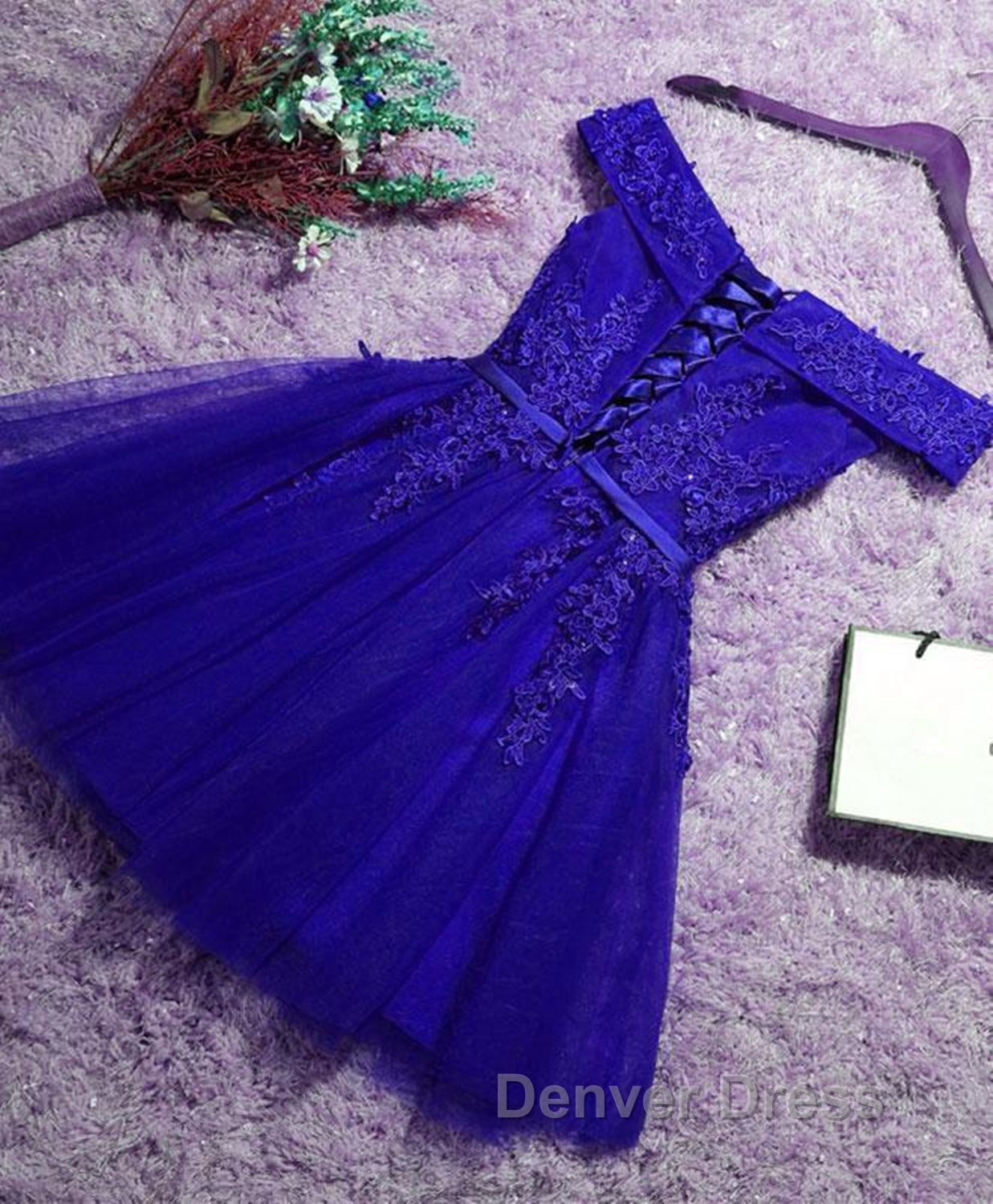 Off the Shoulder Blue Lace Prom Dress, Off Shoulder Blue Homecoming Dress, Short Blue Lace Prom Dresses