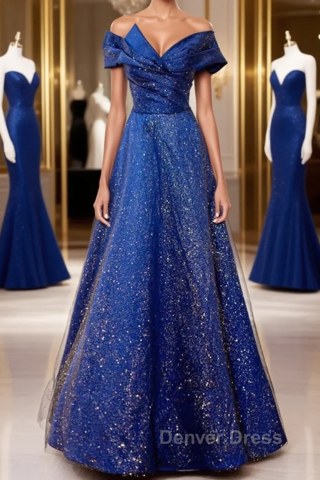 Off the Shoulder Blue Long Prom Dress, Off Shoulder Long Prom Dresses Main image