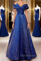 Off the Shoulder Blue Long Prom Dress, Off Shoulder Long Prom Dresses