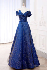 Off the Shoulder Blue Long Prom Dresses, Off Shoulder Long Formal Evening Dresses
