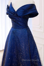 Off the Shoulder Blue Long Prom Dress, Off Shoulder Long Prom Dresses