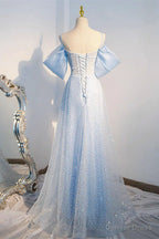 Off the Shoulder Blue Long Sequins Prom Dress, Off Shoulder Blue Long Prom Dresses