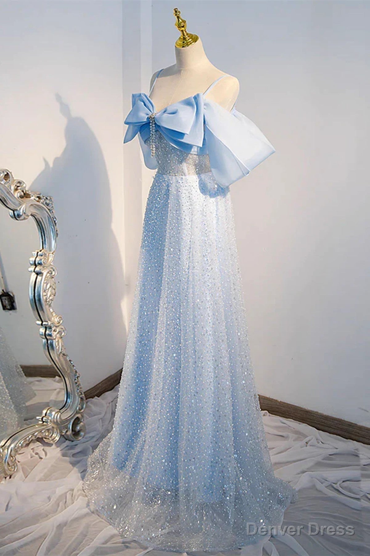 Off the Shoulder Blue Long Sequins Prom Dress, Off Shoulder Blue Long Prom Dresses
