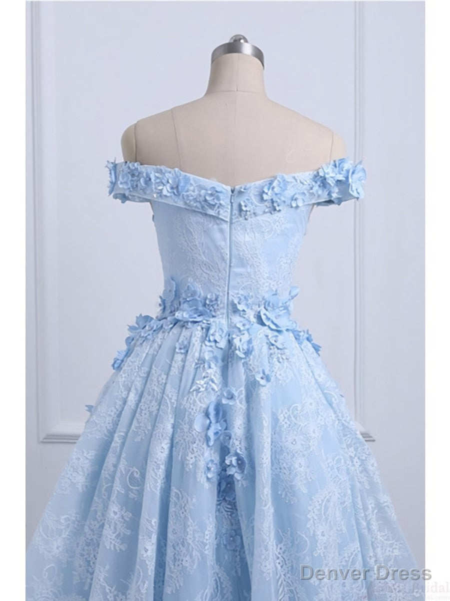 Off the Shoulder Blue Prom Dresses Lace Applique,  High Low Prom Dress Secondary image