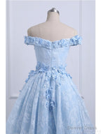 Off the Shoulder Blue Prom Dresses Lace Applique,  High Low Prom Dress