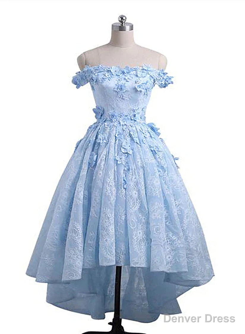 Off the Shoulder Blue Prom Dresses Lace Applique,  High Low Prom Dress Main image