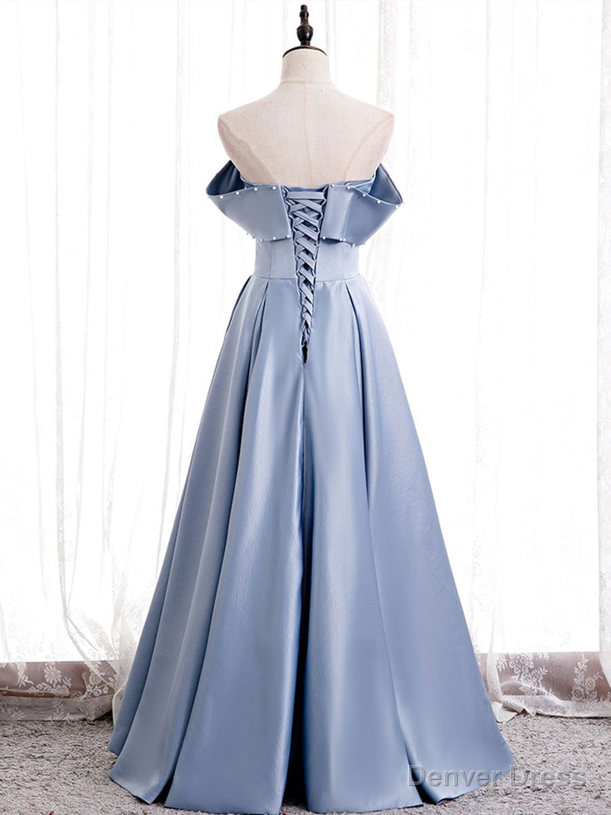 Off the Shoulder Blue Satin Long Prom Dress, Off Shoulder Blue Prom Dresses