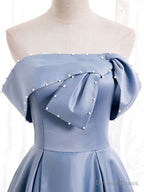 Off the Shoulder Blue Satin Long Prom Dress, Off Shoulder Blue Prom Dresses