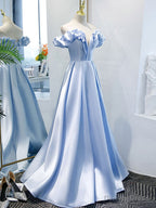 Off the Shoulder Blue Satin Prom Dress, Sky Blue Off Shoulder Satin Long Prom Graduation Dresses