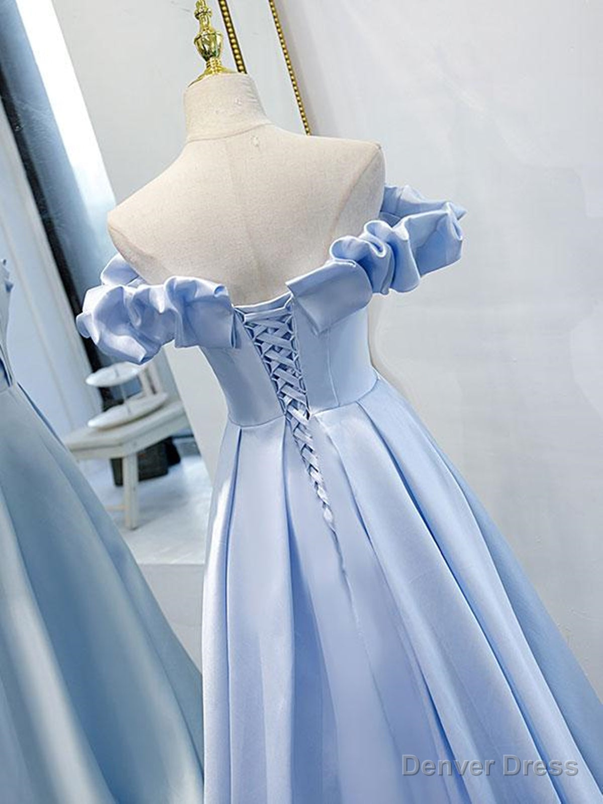 Off the Shoulder Blue Satin Prom Dresses, Sky Blue Off Shoulder Satin Long Formal Graduation Dresses