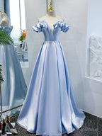 Off the Shoulder Blue Satin Prom Dress, Sky Blue Off Shoulder Satin Long Prom Graduation Dresses