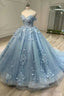 Luxury Blue Strapless Prom Dresses Applique Quinceanera Ball Gown