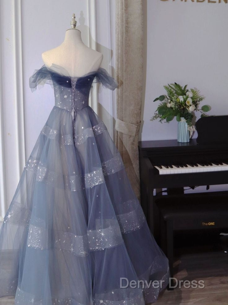 Off The Shoulder Blue Tulle A Line Long Prom Dresses