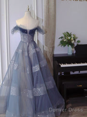 Off The Shoulder Blue Tulle A Line Long Prom Dress