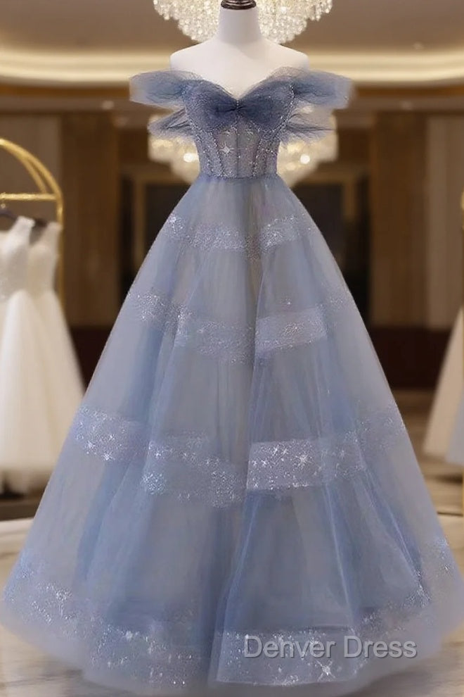 Off The Shoulder Blue Tulle A Line Long Prom Dresses Main image