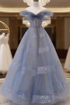 Off The Shoulder Blue Tulle A Line Long Prom Dresses