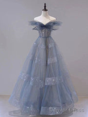 Off The Shoulder Blue Tulle A Line Long Prom Dress