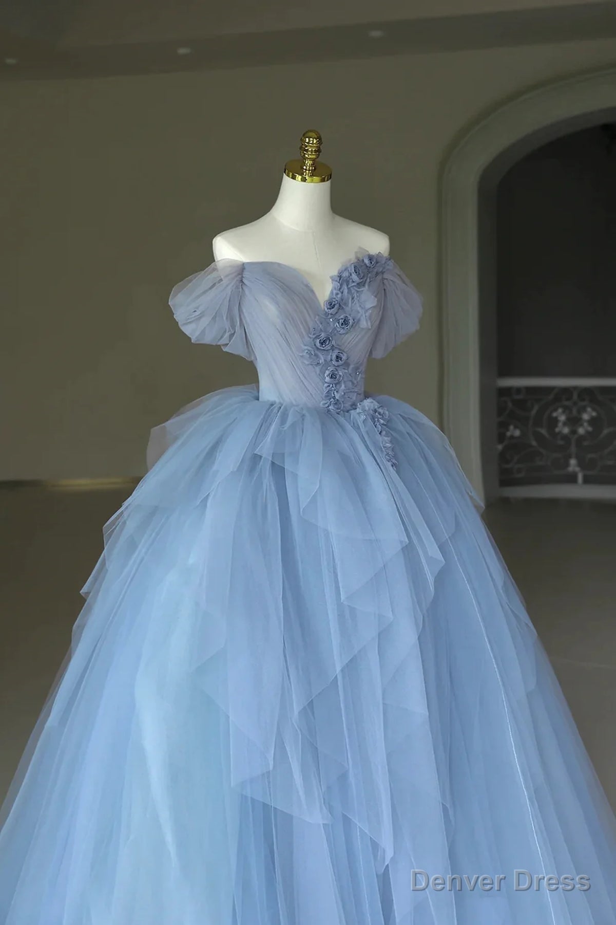 Off the Shoulder Blue Tulle Long Prom Dress, Off Shoulder Blue Long Prom Dresses Secondary image