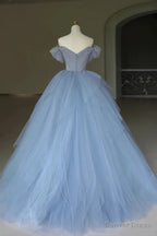 Off the Shoulder Blue Tulle Long Prom Dress, Off Shoulder Blue Long Prom Dresses