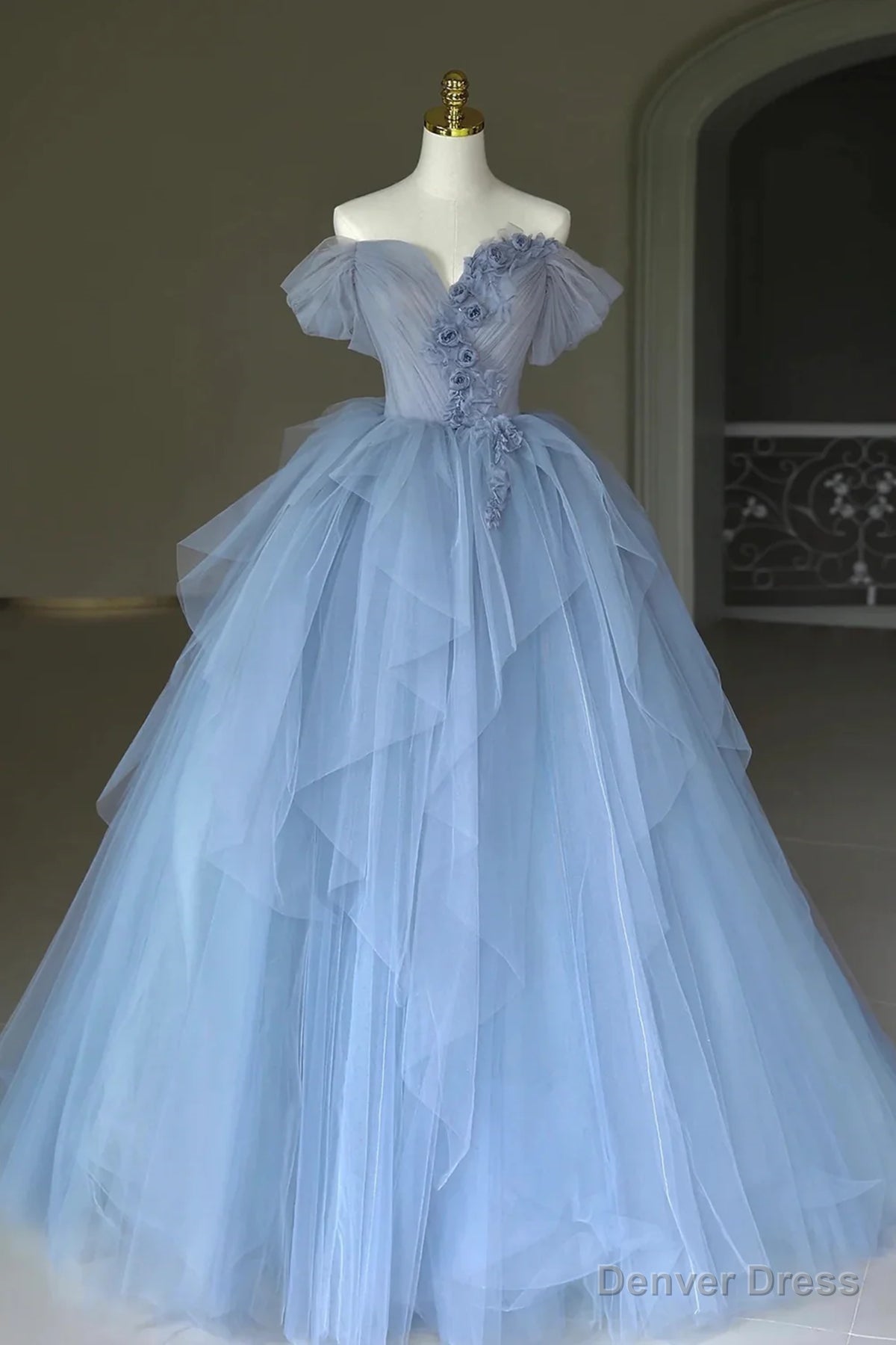 Off the Shoulder Blue Tulle Long Prom Dresses, Off Shoulder Blue Long Formal Evening Dresses Main image