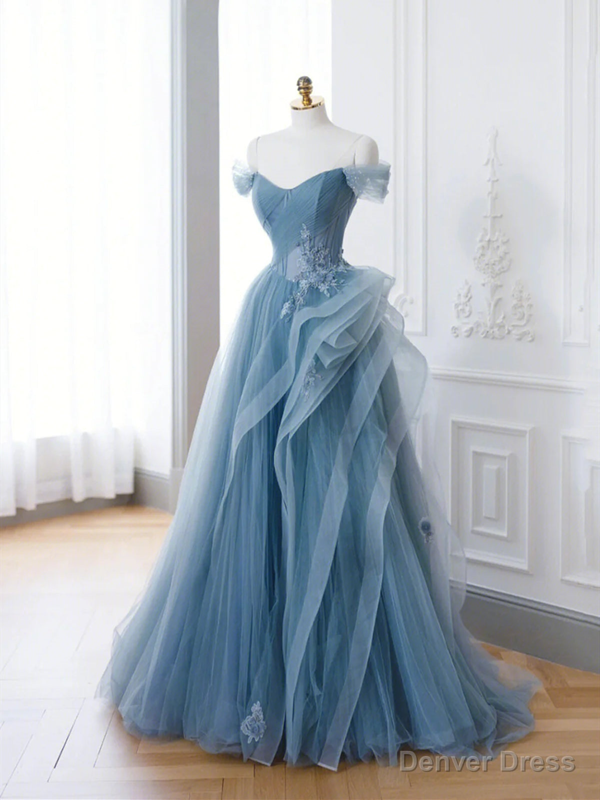 Off the Shoulder Blue Tulle Prom Dresses, Blue Tulle Floral Formal Evening Dresses Main image