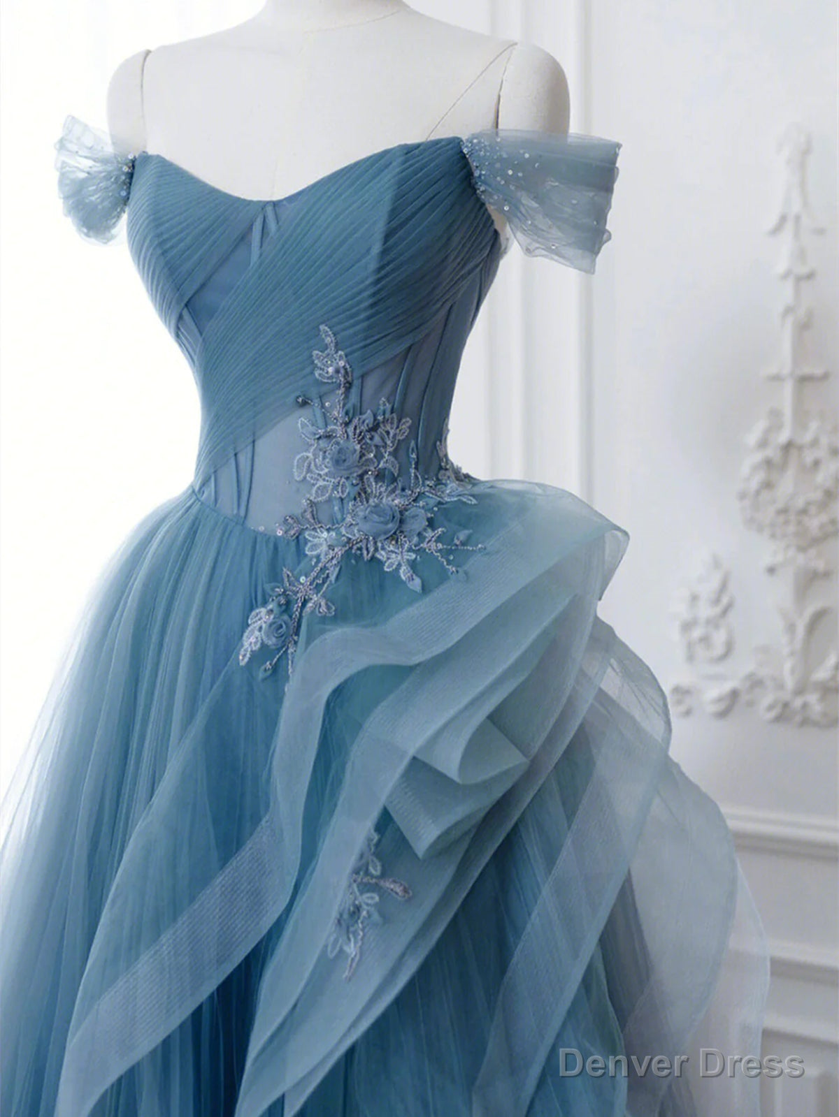 Off the Shoulder Blue Tulle Prom Dresses, Blue Tulle Floral Formal Evening Dresses