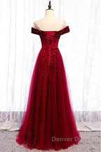 Off The Shoulder Burgundy Formal Long Prom Dresses A Line Velvet Evening Dresses