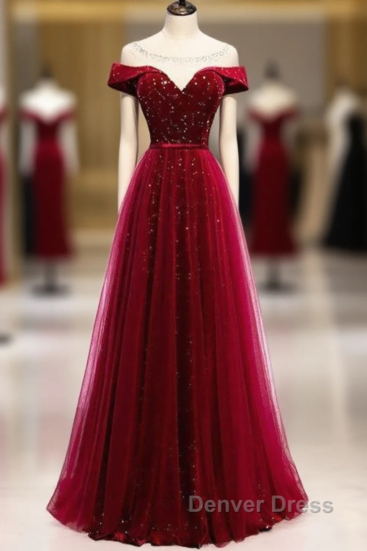 Off The Shoulder Burgundy Formal Long Prom Dresses A Line Velvet Evening Dresses Main image
